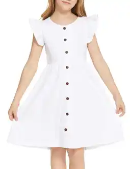 Walmart Oudiya Girls Summer Sundress Flutter Sleeve A-Line Button Down Casual Midi Girls Dresses,White,7-8Y offer