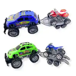 Walmart Cokos 2 Pack Friction Powered Monster Trucks Car Toy SUV Towing ATV Trailer Toys Set, 4 Pieces offer