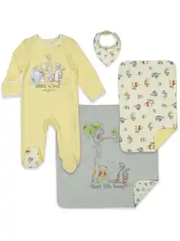 Walmart Disney Winnie the Pooh Newborn Baby Boys Sleep N' Play Bib Blanket and Burp Cloth 4 Piece Outfit Set offer