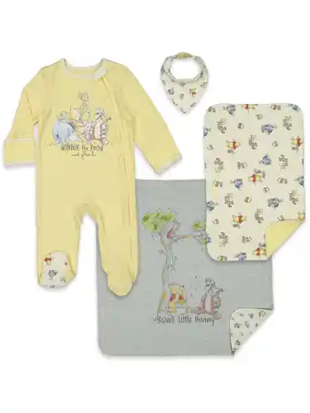 Walmart Disney Winnie the Pooh Newborn Baby Boys Sleep N' Play Bib Blanket and Burp Cloth 4 Piece Outfit Set offer
