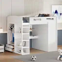 Walmart Newest Full Size Loft Bed with Desk, Wardrobes, 4 Drawers and 4 Shelves-White offer