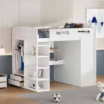 Walmart Newest Full Size Loft Bed with Desk, Wardrobes, 4 Drawers and 4 Shelves-White offer