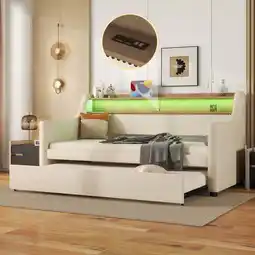 Walmart Newest Twin Size Daybed with Trundle, Upholstered Daybed with Charging Station and LED Lights, Beige offer