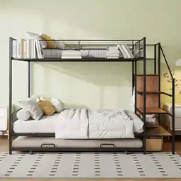 Walmart Newest Twin Over Full Metal Bunk Bed with Trundle and Lateral Storage Ladder and Wardrobe, Black offer