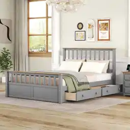 Walmart New Queen Size Wood Platform Bed with Two Drawers and Wooden Slat Support,Gray+Natrual offer