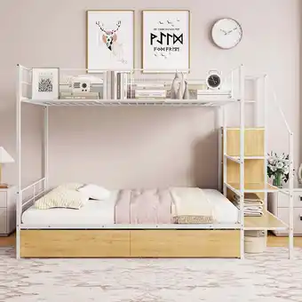 Walmart imerelez Twin Over Full Metal Bunk Bed with Drawer and Lateral Storage Ladder and Wardrobe, White offer