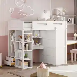 Walmart Newest Twin Size Loft Bed with Desk, Wardrobes, 4 Drawers and 4 Shelves-White offer