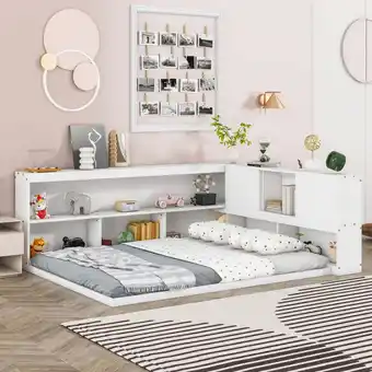 Walmart imerelez Full Floor Bed with L-shaped Bookcases, sliding doors,without slats,White offer