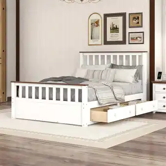 Walmart New Full Size Wood Platform Bed with Two Drawers and Wooden Slat Support,White+walnut offer