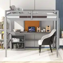 Walmart Full size Loft Bed with Desk and Writing Board, Wooden Loft Bed with Desk & 2 Drawers Cabinet- Gray offer