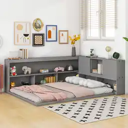 Walmart Newest Full Floor Bed with L-shaped Bookcases, sliding doors,without slats,Grey offer