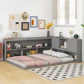 Walmart Newest Full Floor Bed with L-shaped Bookcases, sliding doors,without slats,Grey offer