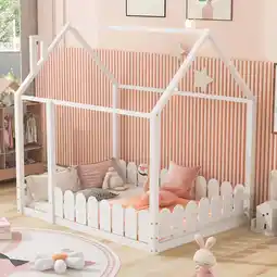 Walmart Full Size Wood Bed House Bed Frame with Fence,for Kids,Teens,Girls,Boys (White ) offer