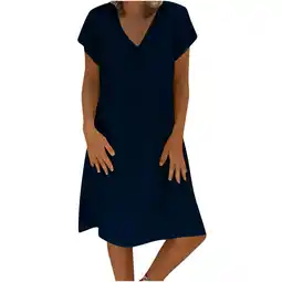 Walmart Patlollav Womens Fashion Loose V-Neck Summer Solid Short Sleeve Cotton and Linen Dress offer