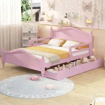 Walmart imerelez Full Size Wood Platform Bed with Guardrails on Both Sides and Two Storage Drawers ,Pink offer