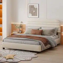 Walmart Newest Queen Size Velvet Upholstered Platform Bed,Solid Frame and Stylish Curve-shaped Design, Beige offer