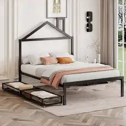 Walmart imerelez Full Size Metal Platform Bed with two drawers,House-Shaped Headboard Design, Black offer