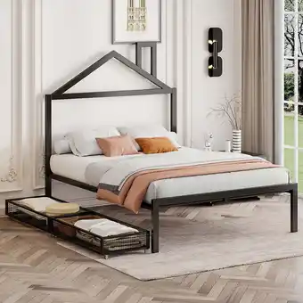Walmart imerelez Full Size Metal Platform Bed with two drawers,House-Shaped Headboard Design, Black offer