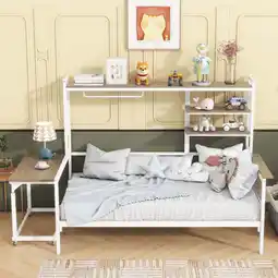 Walmart New Twin size Metal Daybed with Movable Desk, Metal Grid, Shelves and Clothes Hanger, White offer
