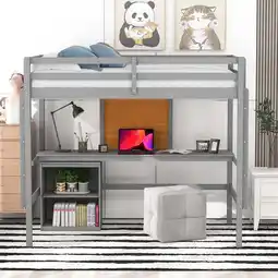 Walmart Twin size Loft Bed with Desk and Writing Board, Wooden Loft Bed with Desk & 2 Drawers Cabinet- Gray offer