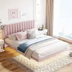 Walmart New Queen Size Upholstered Bed with Sensor Light and Headboard, Floating Velvet Platform Bed, Pink offer