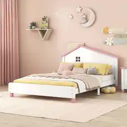Walmart imerelez Full Size Wood Platform Bed with House-shaped Headboard (White+Pink) offer