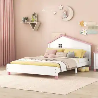 Walmart imerelez Full Size Wood Platform Bed with House-shaped Headboard (White+Pink) offer