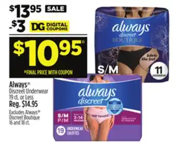 Dollar General Always Discreet Underwear offer