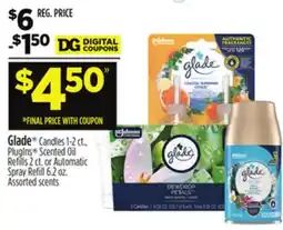 Dollar General Glade Candles 1-2 ct., PlugIns Scented Oil Refi lls 2 ct. or Automatic Spray Refi ll 6.2 oz offer