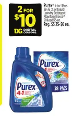 Dollar General Purex 4-in-1 Pacs 28-35 ct. or Liquid Laundry Detergent Mountain Breeze 50 Load/75 oz offer