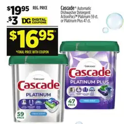 Dollar General Cascade Automatic Dishwasher Detergent ActionPacsTM Platinum 59 ct. or Platinum Plus 47 ct offer
