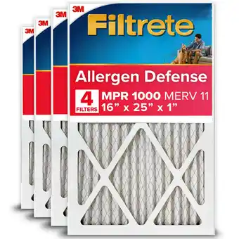Walmart Filtrete 16x25x1 HVAC Furnace Air Filter, MPR 1000 MERV 11, Allergen Defense, 4 Pack offer