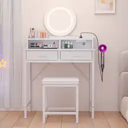 Walmart Eunon Vanity Desk with Mirror,USB Port & Stool,3 Color Modes & Adjustable Brightness, White offer