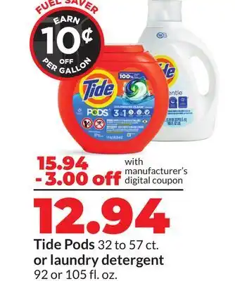 Hy-Vee Tide Pods 32 to 57 ct. or laundry detergent 92 or 105 fl. oz offer