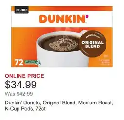 Costco Dunkin' Donuts, Original Blend, Medium Roast, K-Cup Pods, 72ct offer