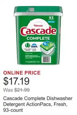 Costco Cascade Complete Dishwasher Detergent ActionPacs, Fresh, 93-count offer