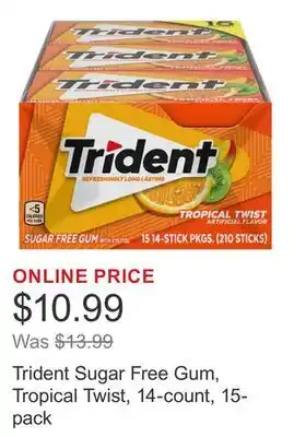 Costco Trident Sugar Free Gum, Tropical Twist, 14-count, 15-pack offer