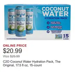 Costco C2O Coconut Water Hydration Pack, The Original, 17.5 fl oz, 15-count offer