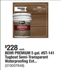 The Home Depot BEHR PREMIUM 5 gal. #ST-141 Tugboat Semi-Transparent Waterproofing Exterior Wood Stain and Sealer offer
