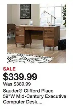 Office Depot Sauder Clifford Place 59W Mid-Century Executive Computer Desk, Grand Walnut offer
