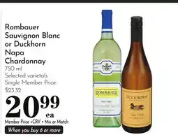 Pavilions Rombauer Sauvignon Blanc or Duckhorn Napa Chardonnay offer