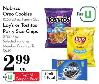 Pavilions Nabisco Oreo Cookies 10.68-20 oz. Family Size Lay's or Tostitos Party Size Chips 8.125-17 oz offer