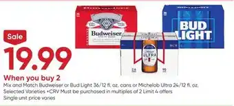 Stater Bros Budweiser or Bud Light 36/12 fl. oz. cans or Michelob Ultra 24/12 fl. oz offer