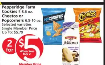Vons Pepperidge Farm Cookies 5-8.6 oz. Cheetos or Popcorners 6.5-10 oz offer