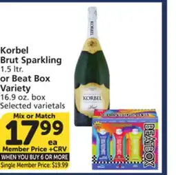 Vons Korbel Brut Sparkling 1.5 ltr. or Beat Box Variety 16.9 oz. box offer