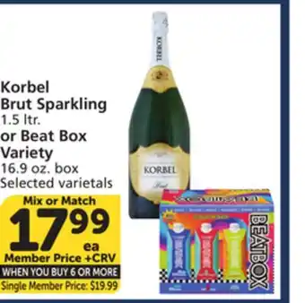 Vons Korbel Brut Sparkling 1.5 ltr. or Beat Box Variety 16.9 oz. box offer