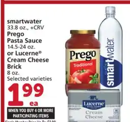 Vons smartwater 33.8 oz., +CRV Prego Pasta Sauce 14.5-24 oz. or Lucerne Cream Cheese Brick 8 oz offer