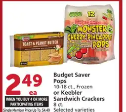 Vons Budget Saver Pops 10-18 ct., Frozen or Keebler Sandwich Crackers 8 ct offer