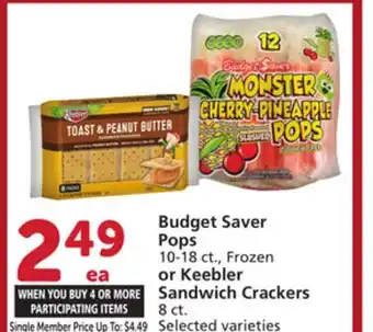 Vons Budget Saver Pops 10-18 ct., Frozen or Keebler Sandwich Crackers 8 ct offer