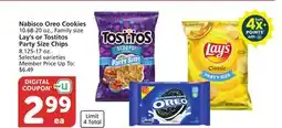 Albertsons Nabisco Oreo Cookies 10.68-20 oz., Family size, Lay's or Tostitos Party Size Chips 8.125-17 oz offer